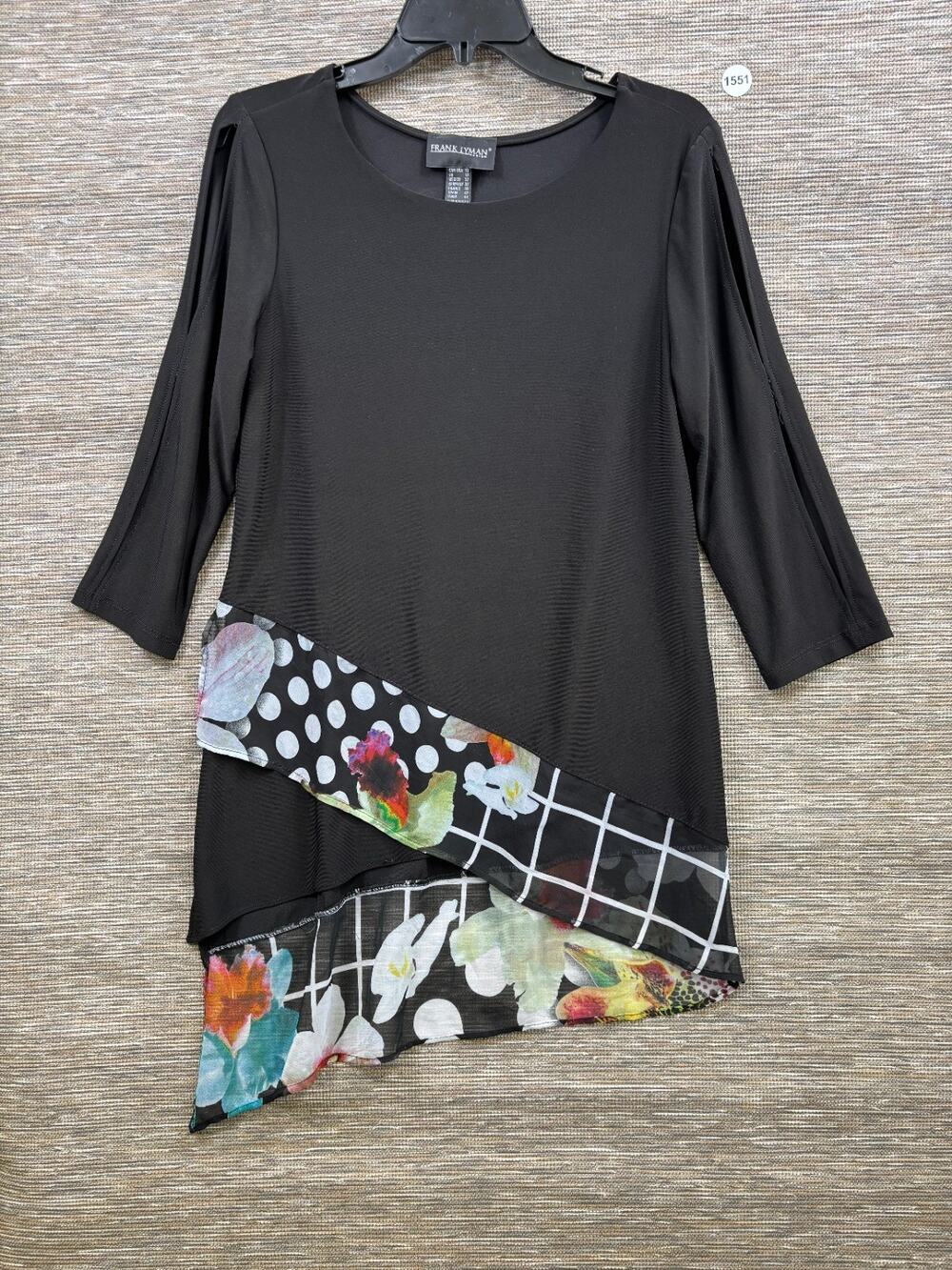 Frank Lyman Floral Tunic Top Women's Size 10 Black 3/4 Sleeve Asymmetrical